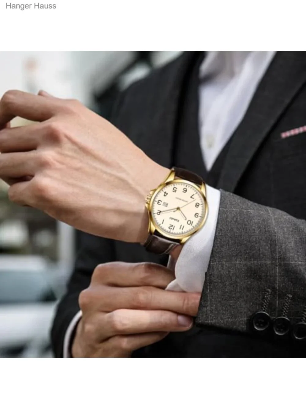 Men's Minimalist Analog Watch with Date, Faux Leather Strap, Quartz Movement,